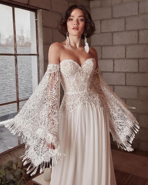 Lp2126 lace boho wedding dress with bell sleeves and strapless neckline1